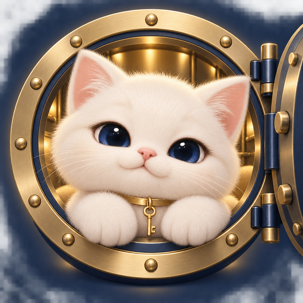 A cream kitten with a gold key collar peeking out of an open golden vault.